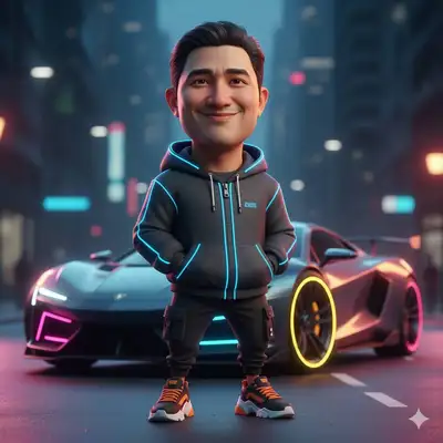 Stilisierter 3D-Streetwear-Charakter vor Sportwagen-Kulisse