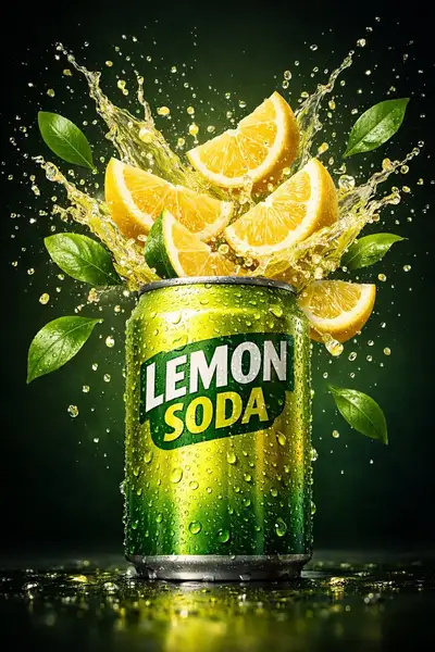 Lemon soda can splash product photography