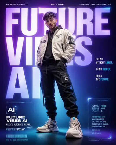 Future Vibes AI creator fashion campaign poster with facial reference