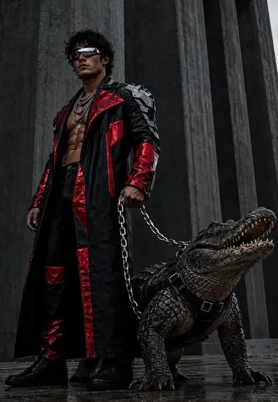 Photorealistic Brutalist Man with Alligator