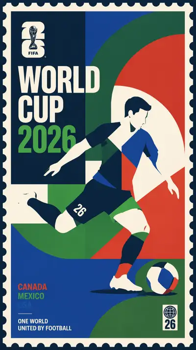 Postage stamp style World Cup 2026 flat design poster