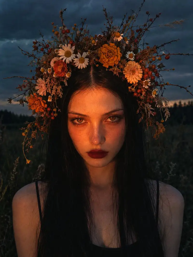 Dark Folk-Horror Twilight Portrait with Flower Crown | Wikiprompt
