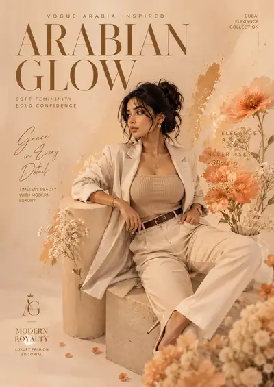 Erstelle ein hochwertiges, von Vogue Arabia inspiriertes Luxusmode-Poster mit einer