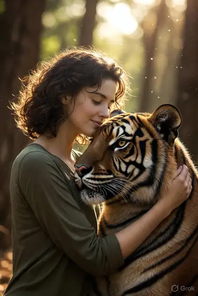 Photorealistic Woman Hugging Bengal Tiger Portrait