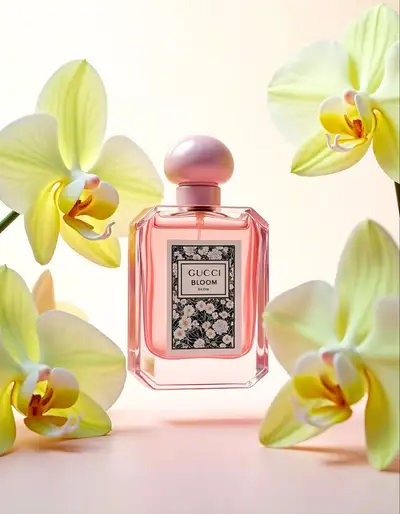 Editorial Perfume Shot with Orchids