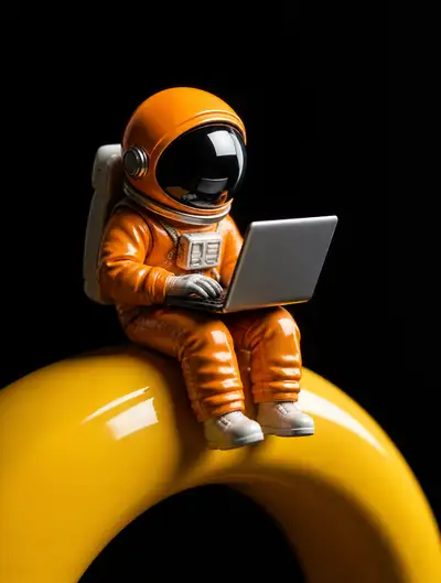 Minimalist studio render of a miniature astronaut typing on a laptop