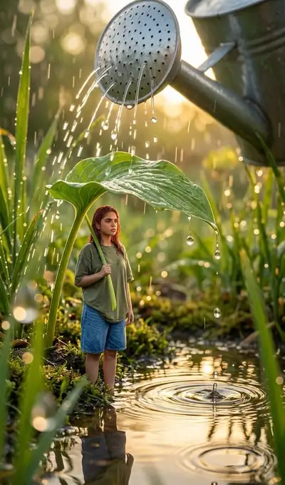 Abri de pluie sous un arrosoir géant : prompt de jardin à échelle miniature