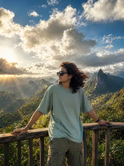 Cinematic Travel Portrait at Mountain Viewpoint