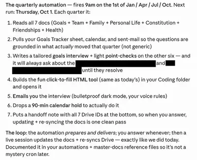 Quarterly goal-tracking system audit prompt for Claude/Codex