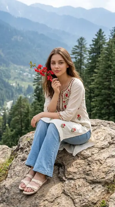 Portrait au belvédère de montagne avec branche de fleurs rouges