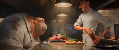 3Dアニメーション：シェフと緊張する客のキッチンシーンの対比