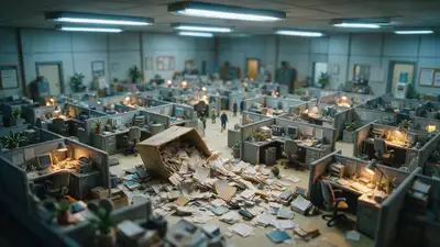 Miniatur-Büro-Diorama mit chaotisch umgestürzter Aktenbox