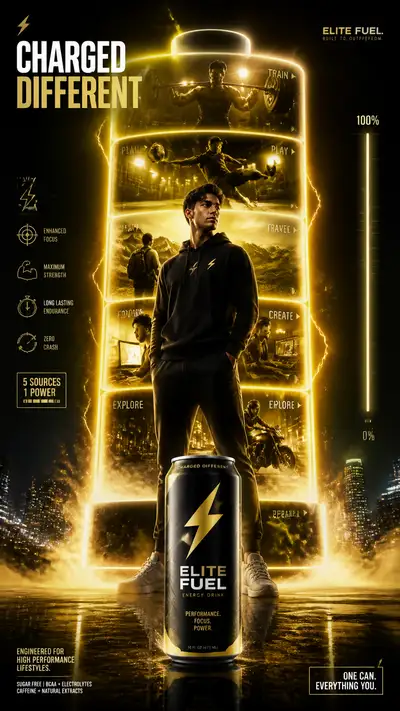 Energy drink advertising poster with battery motif