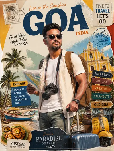 Goa Travel Collage Poster with Foreign Tourist Character
