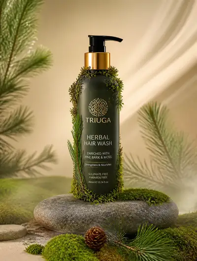 Naturinspiriertes Werbefoto einer Haarwaschflasche