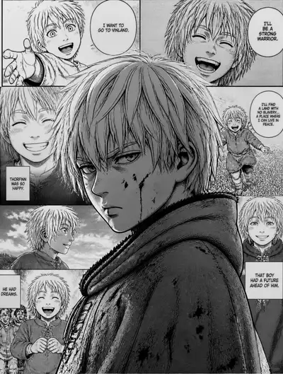 Manga-style edit of Thorfinn as a teen with panel background