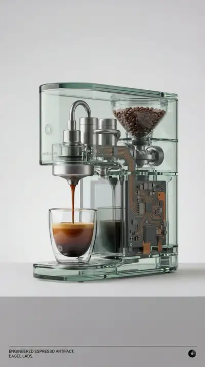 Transparent glass espresso machine as a luxury tech artifact