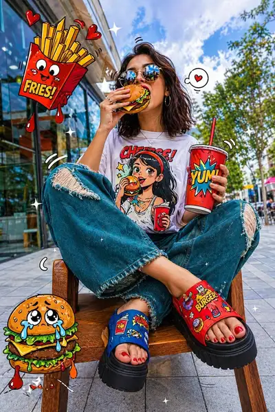 Pop-art street style burger eating portrait