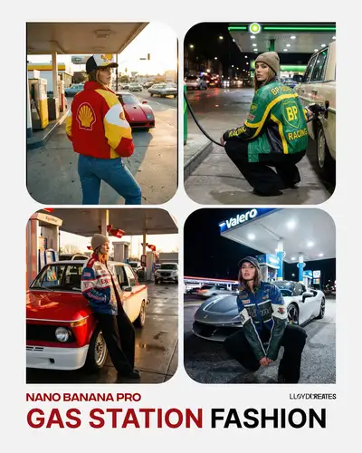 Ensaio de moda streetwear com marca de posto de gasolina, prompt JSON