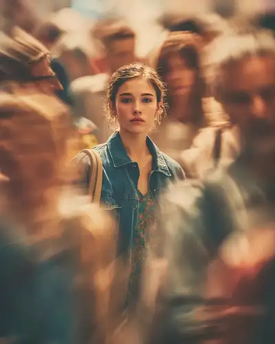 Still subject amid a blurred moving crowd portrait