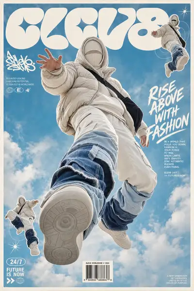 Futuristisches Streetwear-Modeplakat mit schwebenden Collagensilhouetten