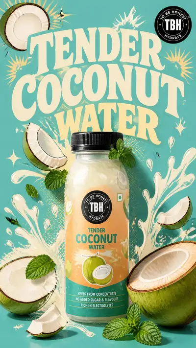 Retro pop-art coconut water beverage advertising poster prompt
