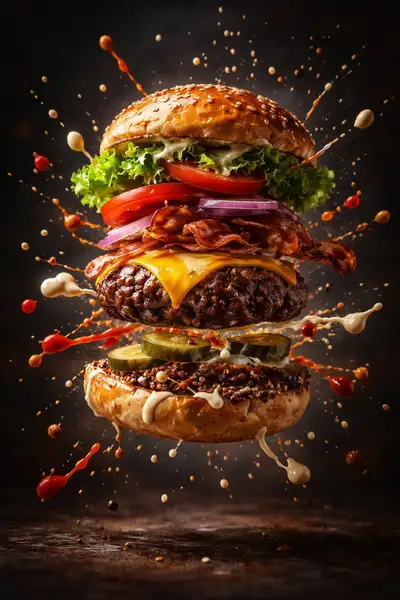 Kinematischer Burger-Explosion-Prompt im Code-Stil für KI-Bilder