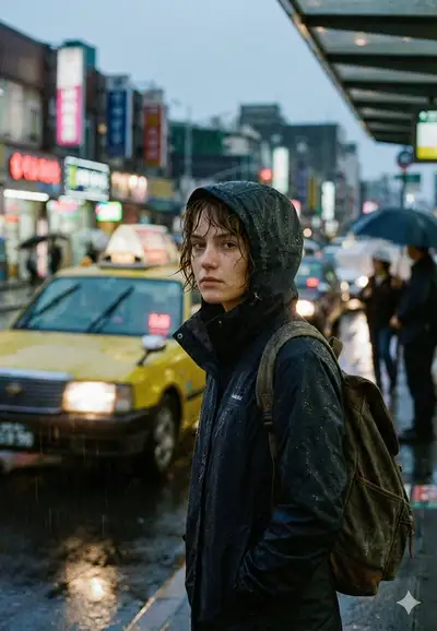 Cinematic rainy city street scene with lone figure