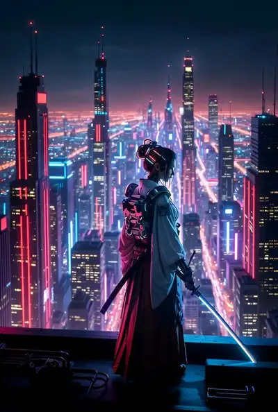 Cyberpunk Samurai Woman on Rooftop