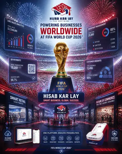 FIFA World Cup 2026 stadium ad with POS software dashboards