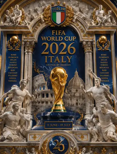 Italy World Cup 2026 baroque trophy poster with laurel motifs