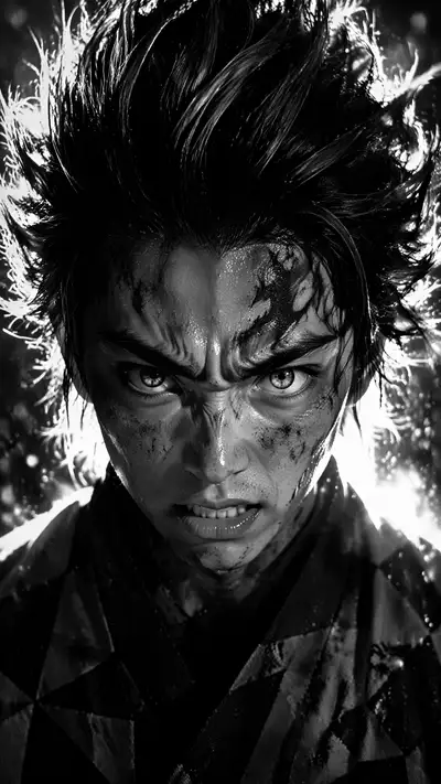 Intense Shonen protagonist black and white portrait