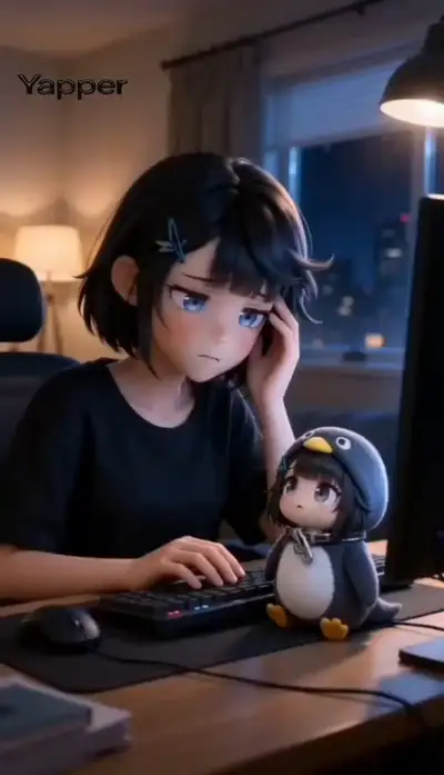 寝室での楽しい会話シーンを含むちびペンギンキャラクターアニメーション