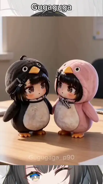 Chibi-Pinguin-Onesie-Figuren umarmen sich auf einem Schreibtisch