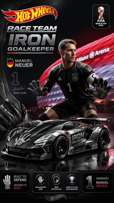 Hot Wheels poster of Manuel Neuer as Iron Goalkeeper race car