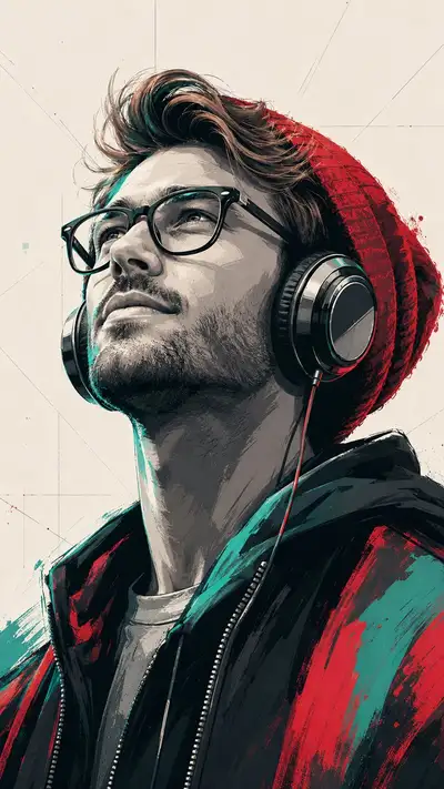 Cel-Shaded Portrait with Red Beanie and Headphones
