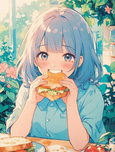 Kawaii Girl Eating Sandwich - Ghibli Style