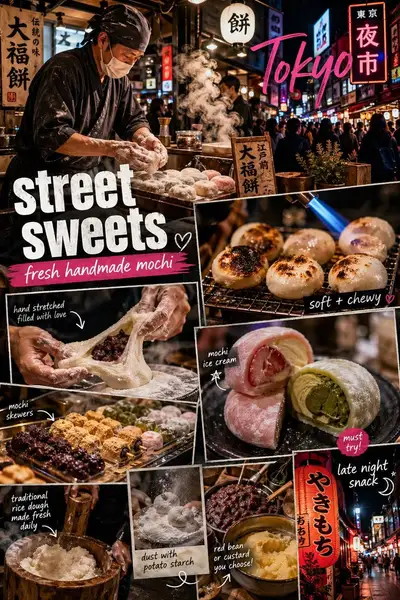 Tokyo night market mochi street food collage poster