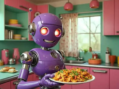 Retro-futuristic robot in acid green kitchen