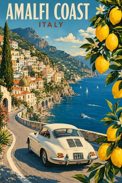Vintage Travel Poster: Amalfi Coast Illustration