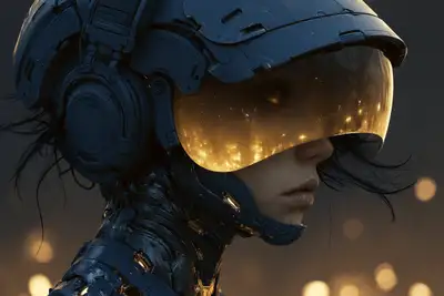 Cybernetic female portrait with mirrored city-lit visor