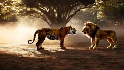 Tiger vs Lion Face-off Cinematic Shot