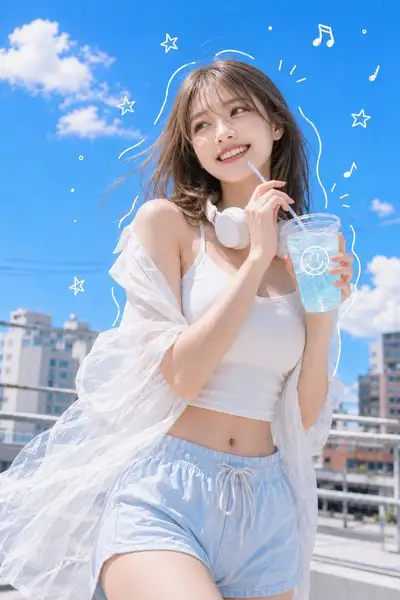 Rooftop summer portrait with ramune soda and blue sky