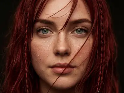 Photorealistic close-up portrait with wet red hair and freckles