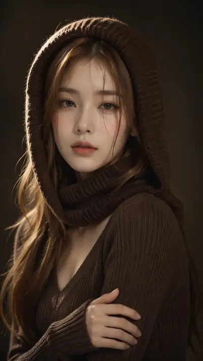 Warm brown knit portrait with soft studio lighting