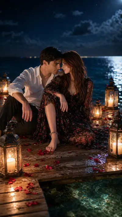 Cinematic Romantic Couple on Dock at Night
