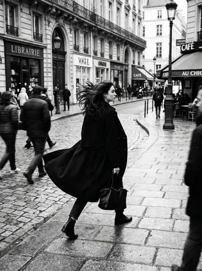 Black and white vogue-style street photo of a woman walking in the wind
