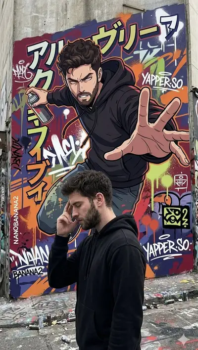 Realistic Man with Anime Mural