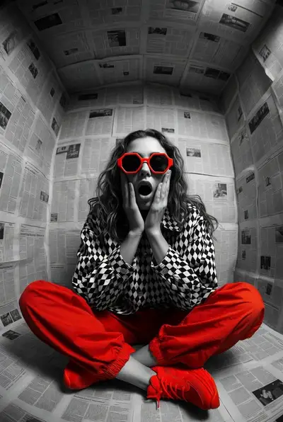 Ultra-wide editorial portrait inside a newspaper-covered room