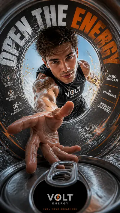 POV energy drink can advertising poster prompt